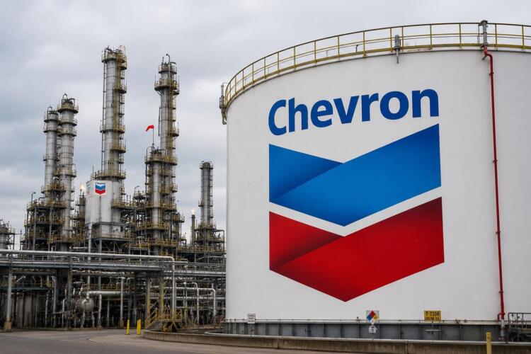 Refinería de Chevron con su logotipo en primer plano.