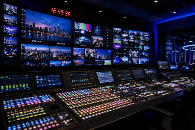Sala de control de televisión con equipos de producción profesional.