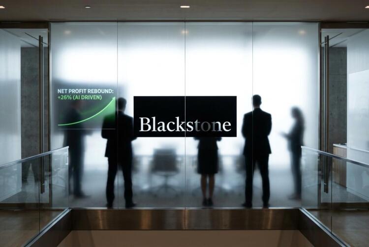 Siluetas de ejecutivos en una oficina de Blackstone frente a un gráfico de rebote financiero.