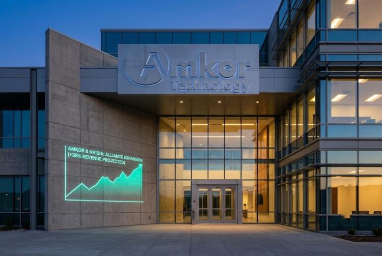 Edificio de Amkor Technology con gráfica verde proyectada sobre la expansión con Nvidia.