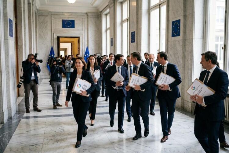 Funcionarios caminan por un pasillo con banderas de la Unión Europea portando carpetas con el logo de Google.