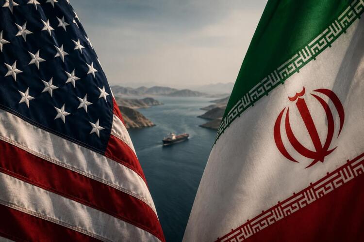 Banderas de Estados Unidos e Irán frente al Estrecho de Ormuz.