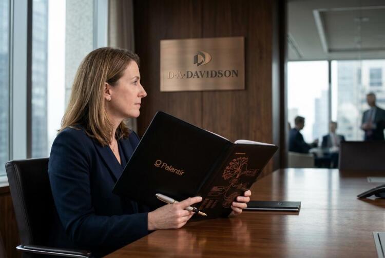 Mujer en oficina corporativa frente al logo de D.A. Davidson sosteniendo una carpeta de Palantir.