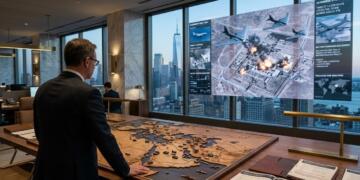 Ejecutivo observa un mapa táctico y un informe de ataque aéreo en una oficina.