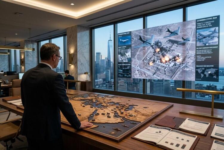 Ejecutivo observa un mapa táctico y un informe de ataque aéreo en una oficina.