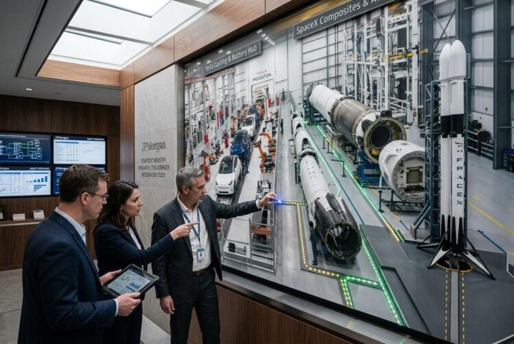 Analistas de JPMorgan revisan panel sobre producción de Tesla y ensamblaje de cohetes SpaceX.