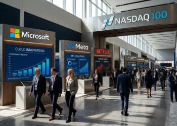 Profesionales recorren stands de Microsoft, Meta y Netflix en un evento del NASDAQ 100.