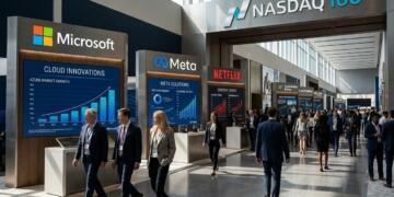 Profesionales recorren stands de Microsoft, Meta y Netflix en un evento del NASDAQ 100.