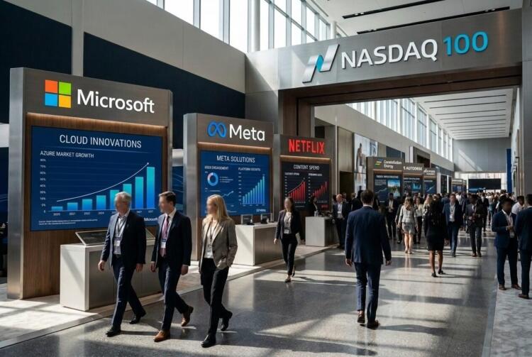 Profesionales recorren stands de Microsoft, Meta y Netflix en un evento del NASDAQ 100.