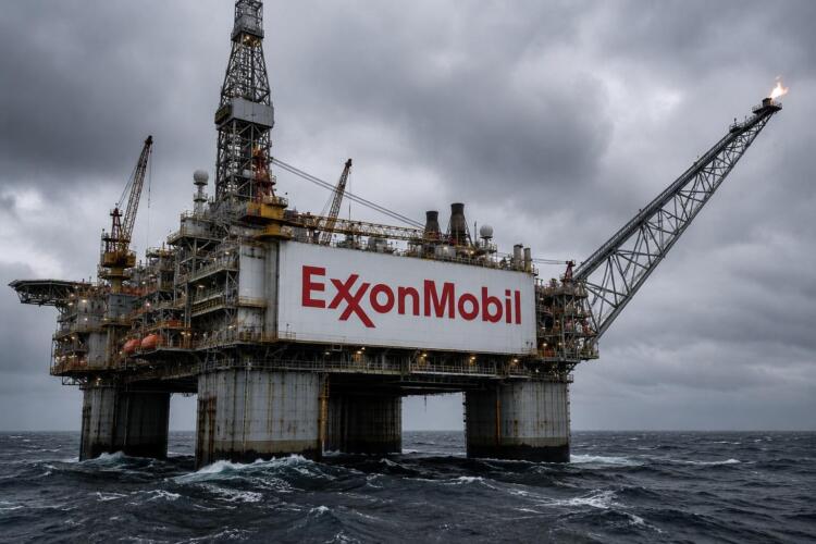 Plataforma petrolera de ExxonMobil en un entorno marítimo.