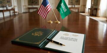 Documento oficial del pacto nuclear y banderas de EE. UU. y Arabia Saudita sobre una mesa.