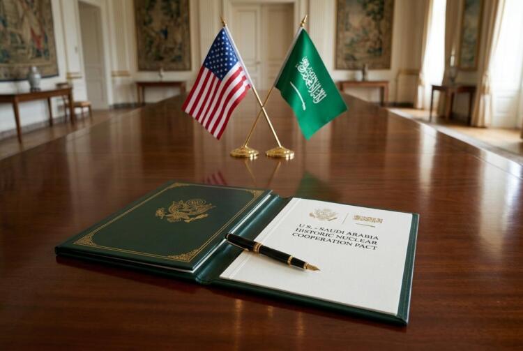 Documento oficial del pacto nuclear y banderas de EE. UU. y Arabia Saudita sobre una mesa.