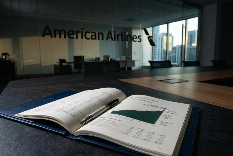 Un libro abierto con el informe de resultados de American Airlines y un bolígrafo en una mesa.