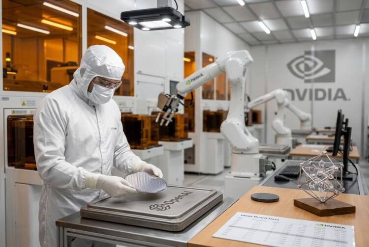 Un ingeniero de sala limpia de OpenAI sostiene una oblea de silicio sobre una bandeja de la misma empresa dentro de un laboratorio de alta tecnología con robots de NVIDIA.