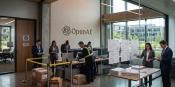 Agentes federales revisan documentos y archivos en un operativo dentro de la sede de OpenAI.
