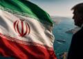 Bandera de Irán frente al Estrecho de Ormuz bajo tensión