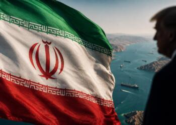 Bandera de Irán frente al Estrecho de Ormuz bajo tensión