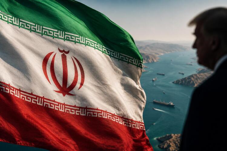 Bandera de Irán frente al Estrecho de Ormuz bajo tensión