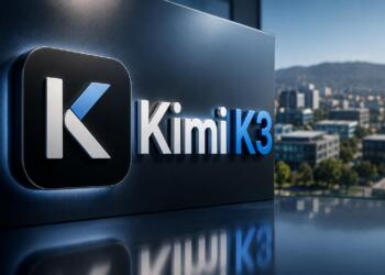 Logotipo de Kimi K3 frente a un campus tecnológico moderno.