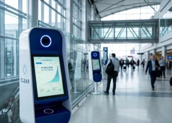 Kiosco digital CLEAR muestra un gráfico de 41 millones de usuarios en una terminal.