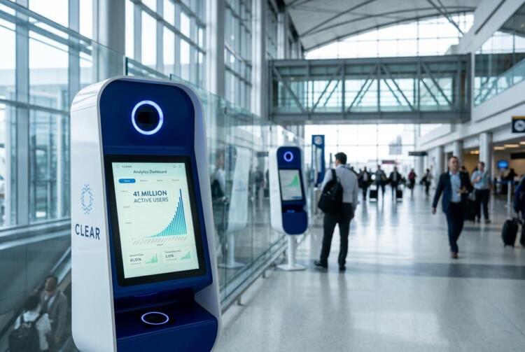 Kiosco digital CLEAR muestra un gráfico de 41 millones de usuarios en una terminal.