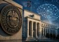 Edificio y sello de la Reserva Federal con referencias a la inteligencia artificial