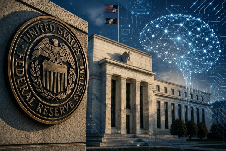 Edificio y sello de la Reserva Federal con referencias a la inteligencia artificial