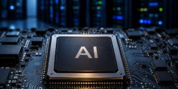 Chip de inteligencia artificial sobre una placa electrónica moderna.