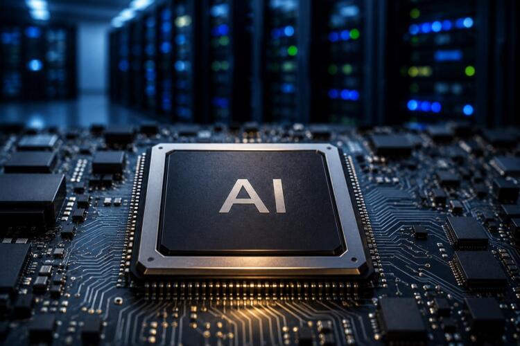 Chip de inteligencia artificial sobre una placa electrónica moderna.