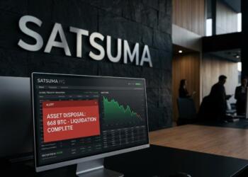 Pantalla con alerta roja de liquidación de 668 BTC en la oficina de Satsuma.