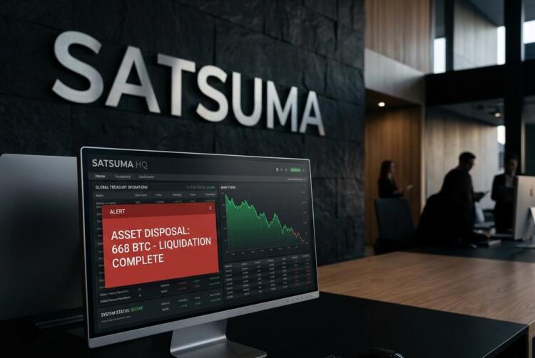Pantalla con alerta roja de liquidación de 668 BTC en la oficina de Satsuma.