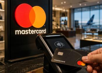 Pago sin contacto con tarjeta Mastercard en un entorno comercial.