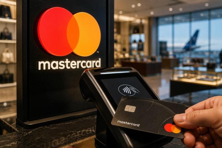 Pago sin contacto con tarjeta Mastercard en un entorno comercial.