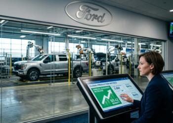 Ejecutiva de Ford interactúa con una pantalla táctil de métricas de producción global.