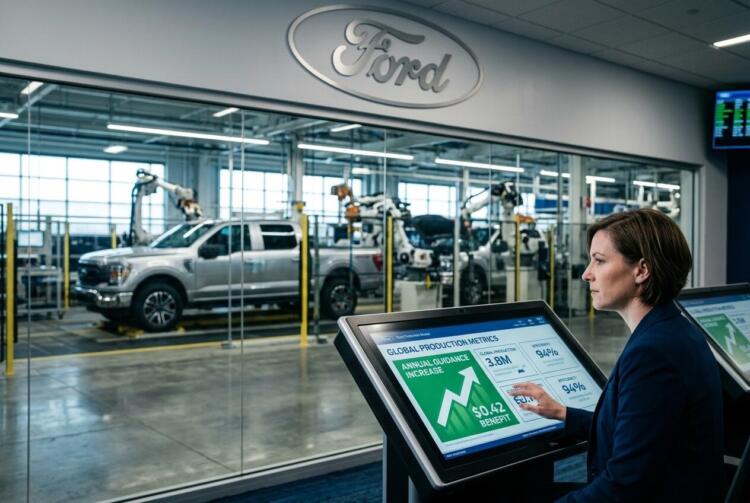 Ejecutiva de Ford interactúa con una pantalla táctil de métricas de producción global.