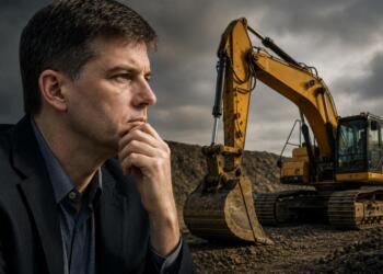 Michael Burry frente a maquinaria pesada en una escena editorial.