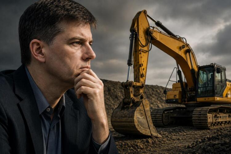 Michael Burry frente a maquinaria pesada en una escena editorial.