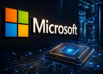 Logotipo de Microsoft junto a un chip de inteligencia artificial.