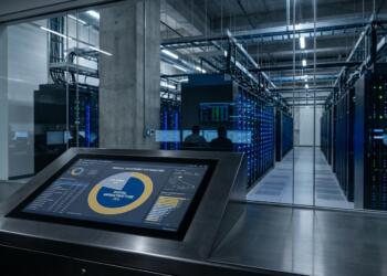 Pantalla táctil muestra distribución de inversión federal junto a servidores en un centro de datos.
