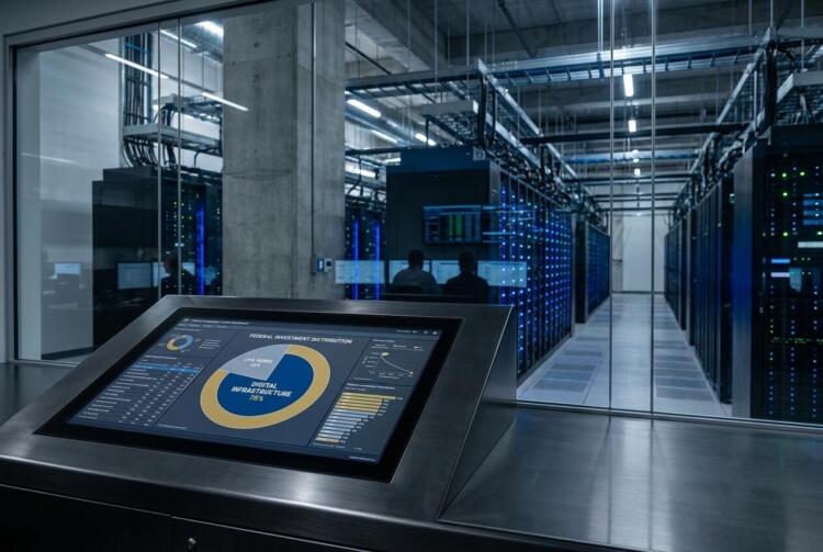 Pantalla táctil muestra distribución de inversión federal junto a servidores en un centro de datos.