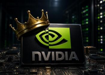 Logotipo de Nvidia con una corona sobre un entorno tecnológico.