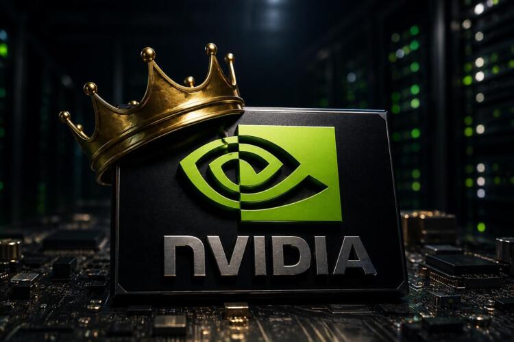 Logotipo de Nvidia con una corona sobre un entorno tecnológico.