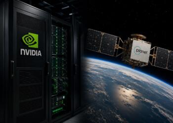 Servidor de IA frente a un satélite en órbita terrestre.