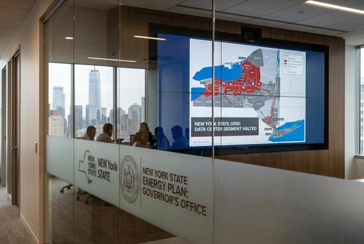 Oficina con una pantalla que muestra un mapa de la red eléctrica de Nueva York, indicando la suspensión del segmento de centros de datos, vista a través de una pared de cristal con logotipos del estado.