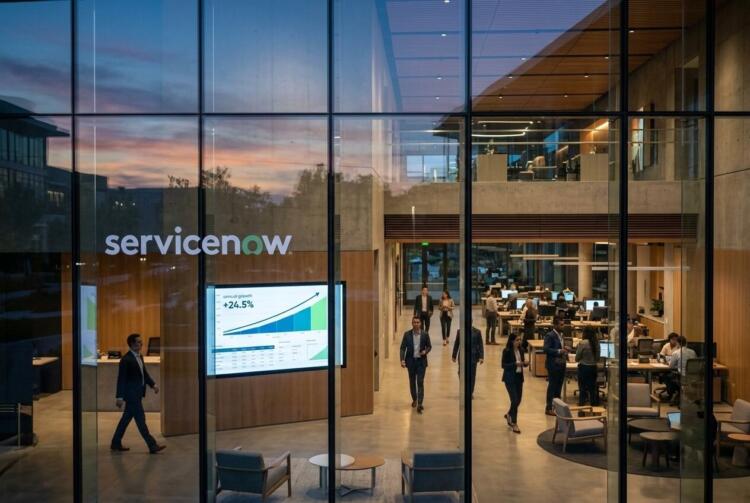 Vista exterior de oficinas de ServiceNow con empleados y una pantalla con crecimiento del 24.5%.
