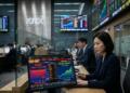 Mujer en la bolsa de valores KRX frente a un monitor con gráficos de KOSPI y Crude Brent.