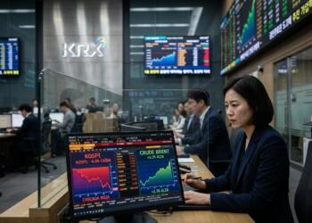 Mujer en la bolsa de valores KRX frente a un monitor con gráficos de KOSPI y Crude Brent.