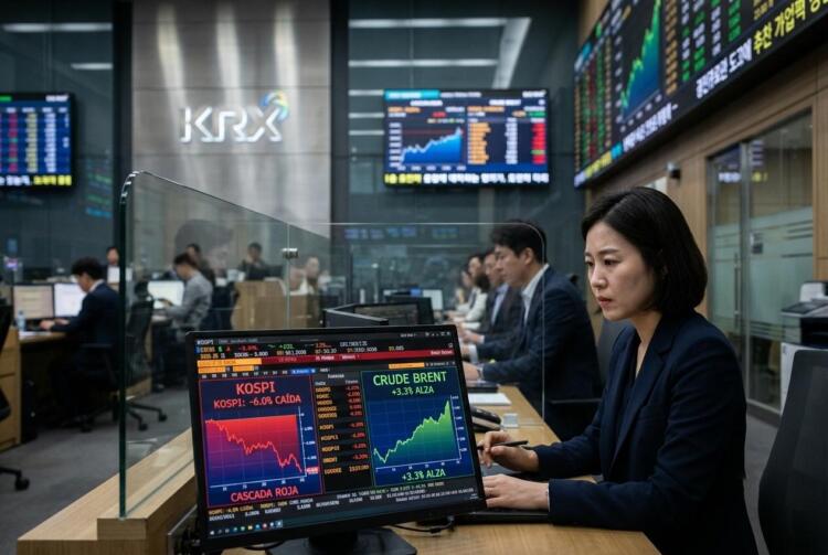 Mujer en la bolsa de valores KRX frente a un monitor con gráficos de KOSPI y Crude Brent.
