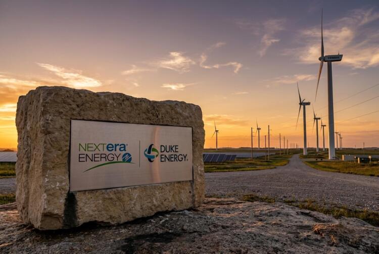 Paisaje al atardecer con aerogeneradores y placas solares en instalaciones de energía.