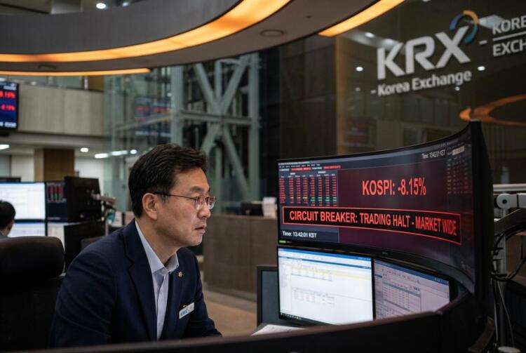 Operador en la Bolsa de Corea frente a una pantalla con alerta de suspensión de mercado.